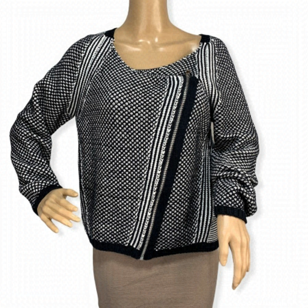 𝅺SINEQUANONE Paris Knit Offset Zip Moto Style Black and White Jacket